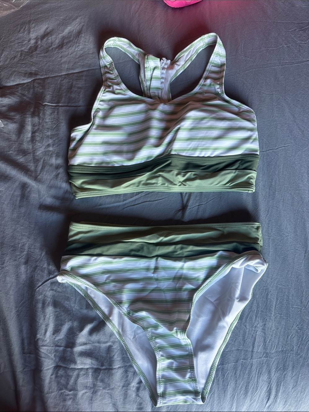 Striped Light Green High-Neck Bikini Set